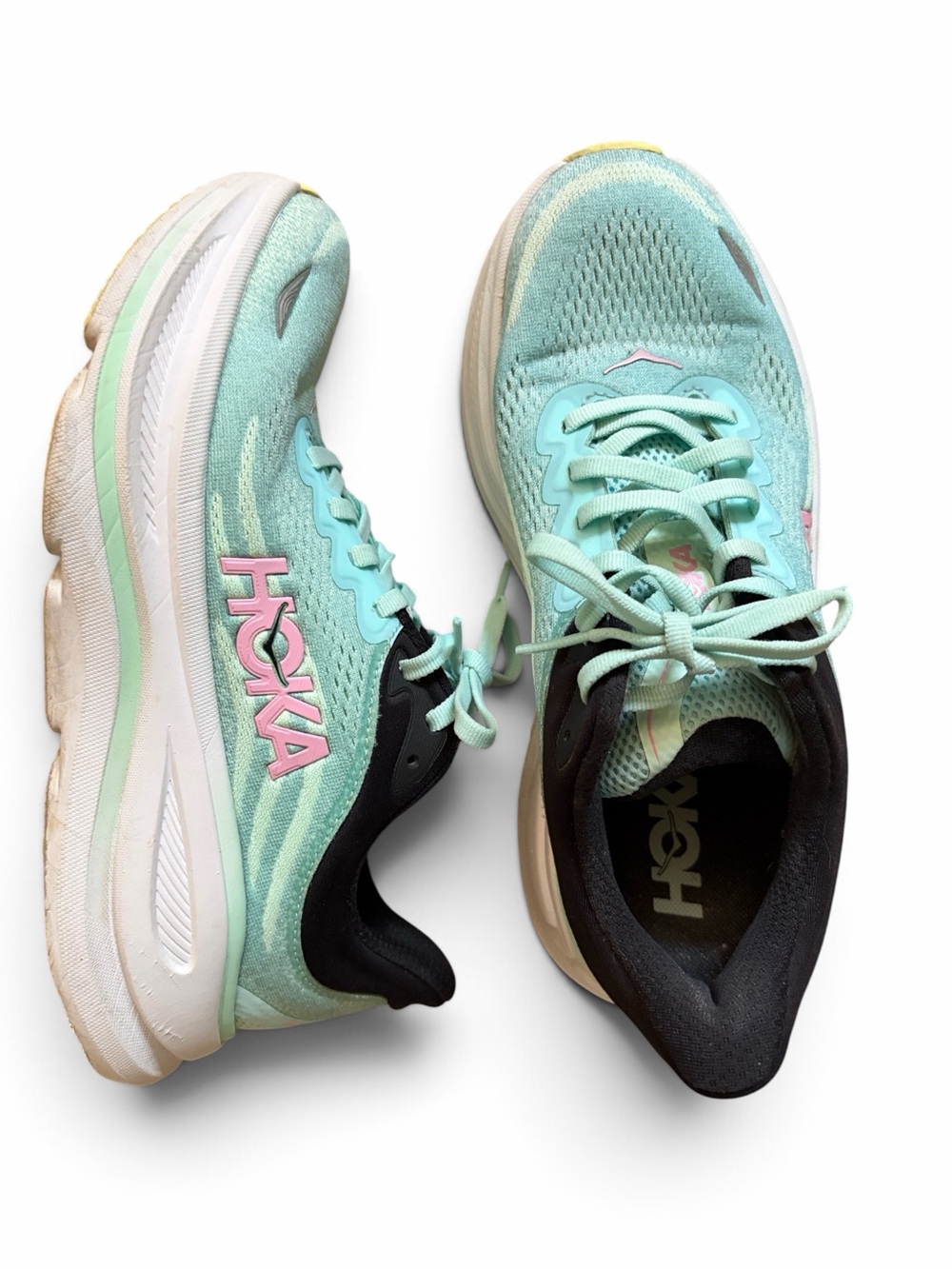 Hoka Bondi 9 Women's Mint Green and Pink Athletic Running Shoes